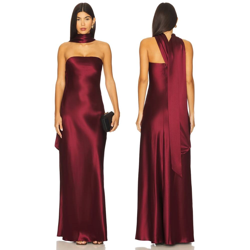 Misha Lilia Sash Neck Maxi Gown Strapless Satin Formal Party Cocktail Evening XS